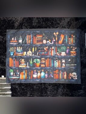 Mystical Bookshelf Wall Tapestry - Black with Multi-Colored Accents